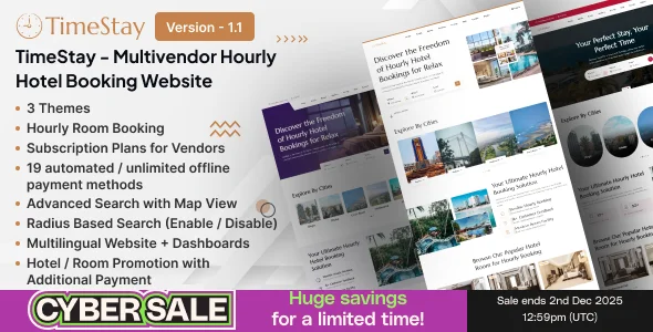 TimeStay - Multivendor Hourly Hotel Booking Laravel Website (SAAS)