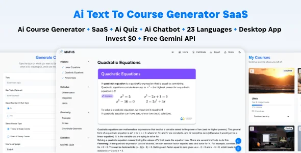 Ai Course Generator - Text To Course SaaS Ai Quiz Ai Chat Translation Earn Desktop App React Admin