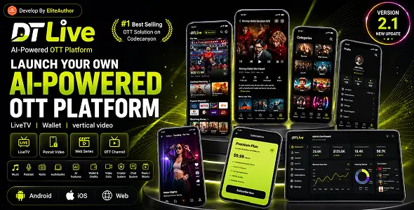 DTLive v2.1 - Movie, TV Show, OTT, Live TV, Streaming Flutter App (Android, iOS, Web) with Admin Pan