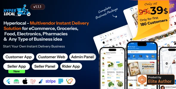 Hyperlocal v1.1.1 - Multivendor eCommerce, Grocery, Food, Pharmacy Flutter Delivery app - Admin & We