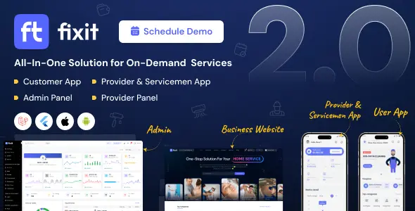Fixit v2.0 - Multi Vendor On Demand, Handyman, Home service Flutter App with Admin Complete Solution