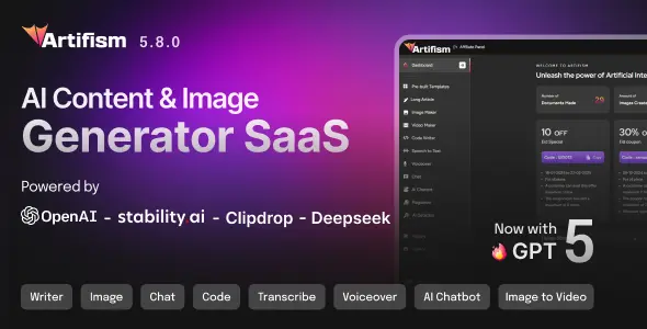 Artifism – AI Content, Image, Video, Chat, Chatbot, Voiceover & Code Generator SaaS
