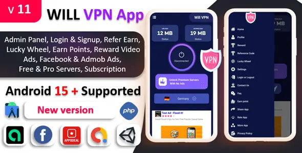 WILL VPN App - VPN App With Admin Panel | Secure VPN & Fast VPN | Refer & Earn | Reward Lucky Wheel